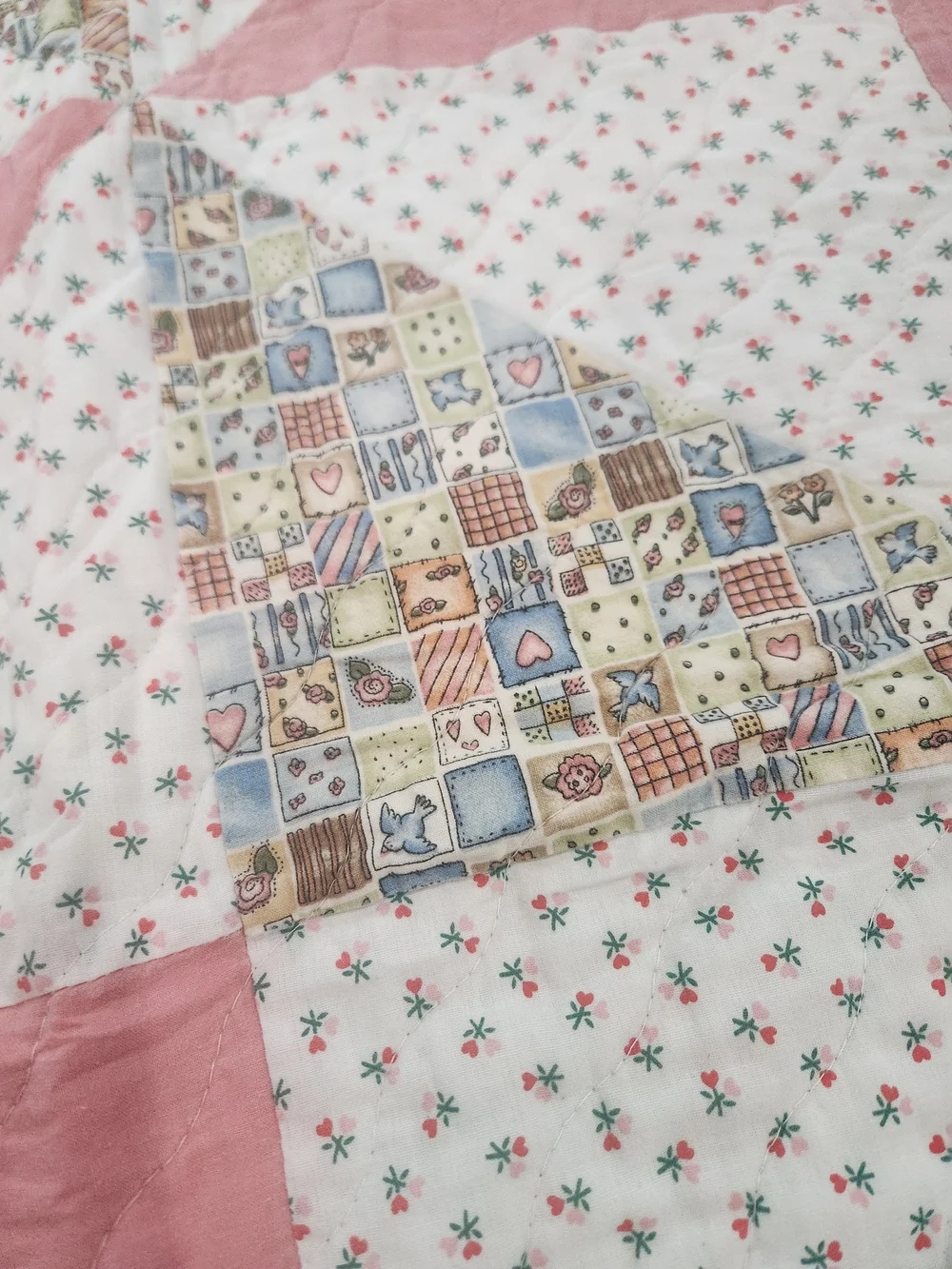 handmade baby quilt pinwheel pattern Pink White Patchwork 42x42.5